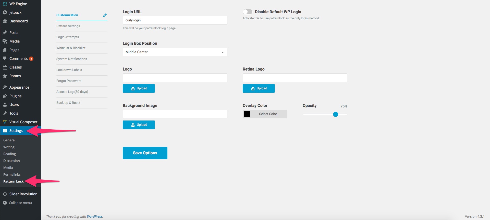 Pattern Lock Options Panel