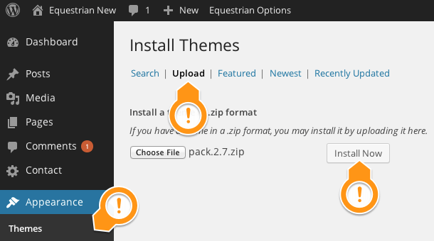 Equestrian theme install WP upload